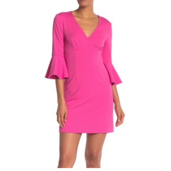 Trina Turk Hot Pink Freya Camellia Bell Sleeve Sheath Dress Size 12 - Picture 1 of 13